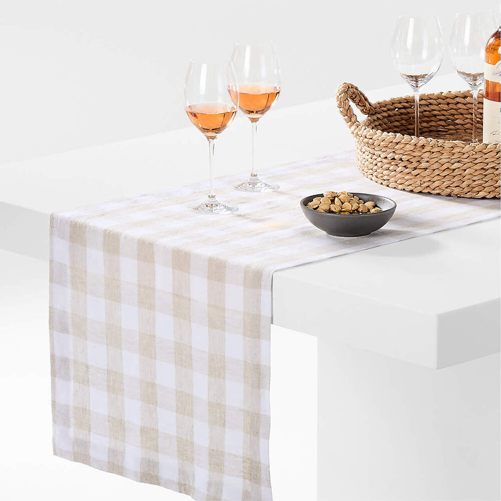 Crate&Barrel Buffalo Check Linen Table Runner – White and Natural New